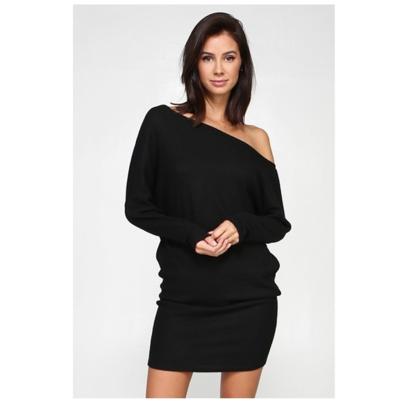 Black Off One Shoulder Long Sleeve Dress - Picture 4 of 5